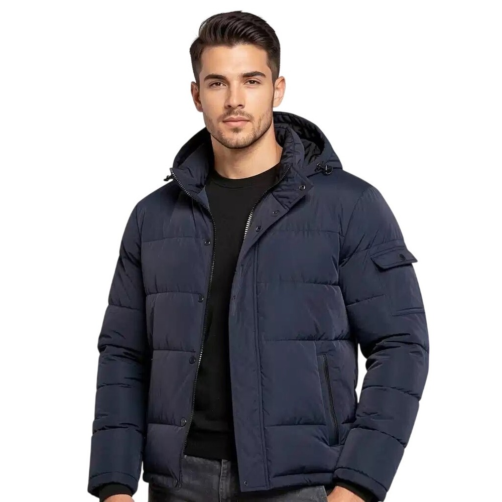 Calvin Klein $250Mens Navy Blue Quilted Puffer Jacket Hooded Fleece Collar M NWT